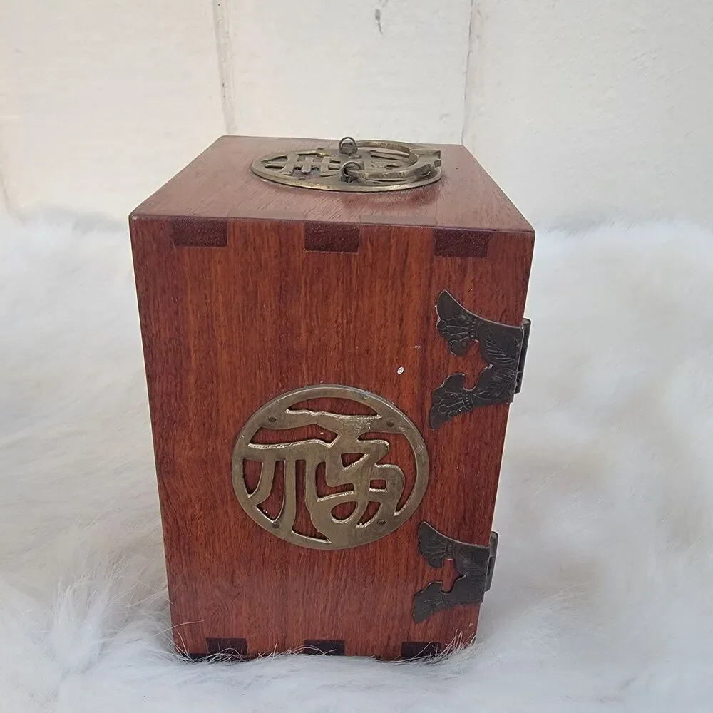 Vintage  Rosewood  Asian wood & brass 3 drawer silk lined Jewelry box